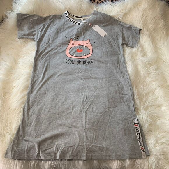 NWT "Meow or Never" Gray Kitty Cat Short Sleeve Sleepshirts Nightgown pajamas L - Picture 2 of 11